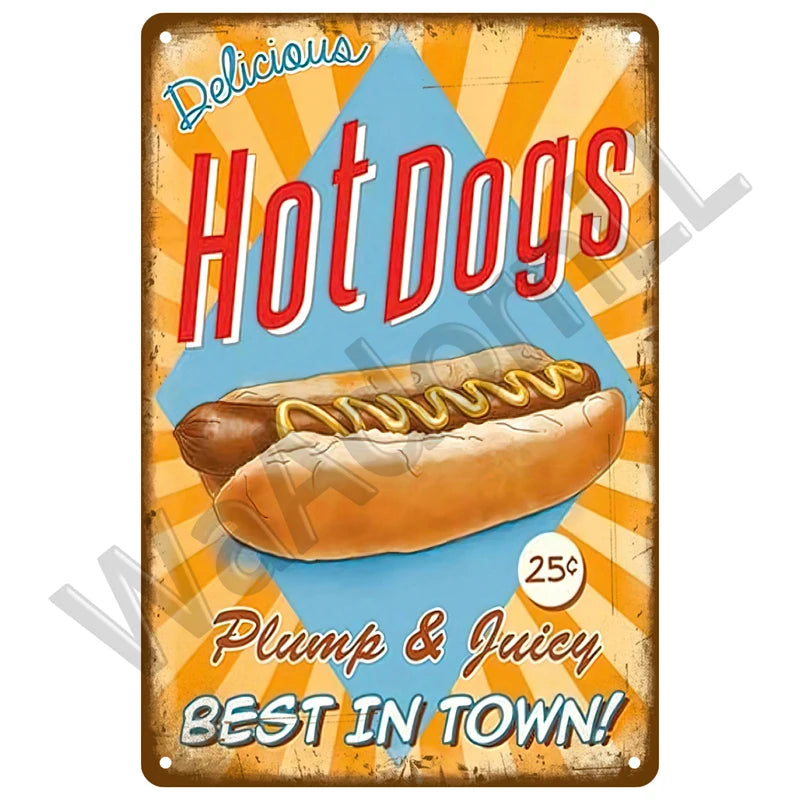 Retro diner wall art plaque advertising delicious hot dogs with a plump and juicy claim