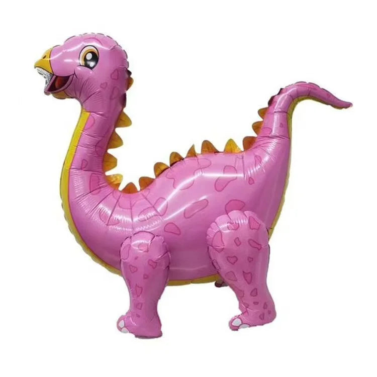 A pink inflatable dinosaur balloon decoration with a yellow neck and green accents.