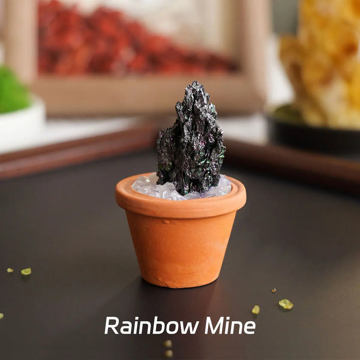 A small potted plant decoration featuring a dark, spiky crystal resembling a rainbow mine on an orange terracotta pot.