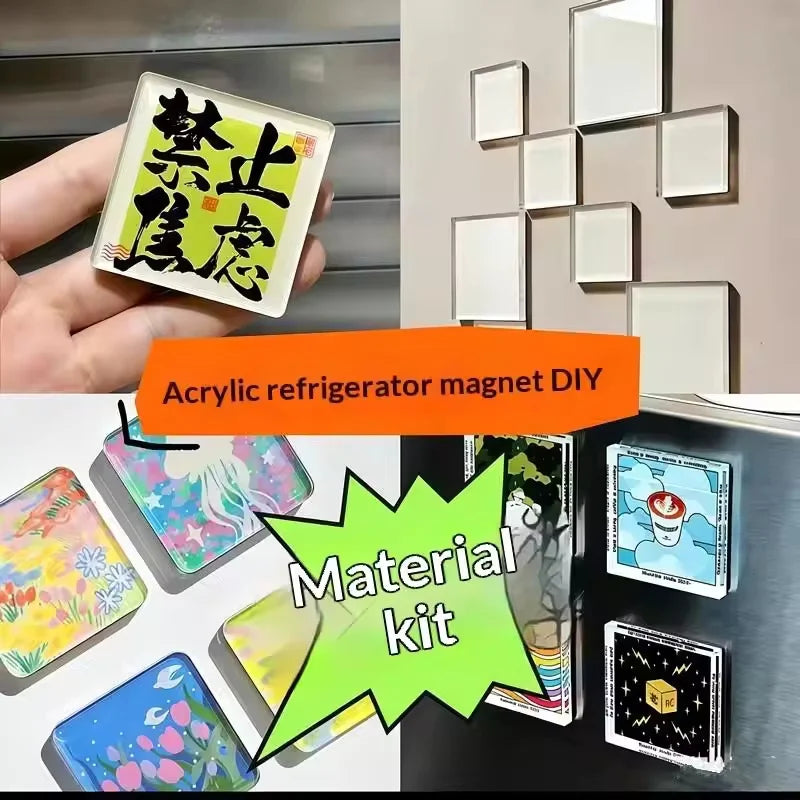 A hand holds a clear acrylic refrigerator magnet DIY material kit with various colored pieces and a decorative frame.