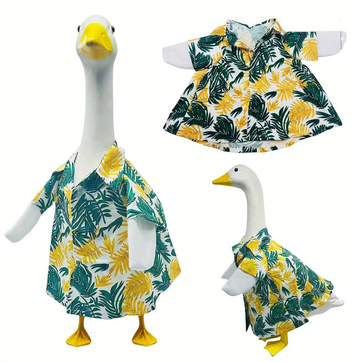 A set of goose costumes featuring a white body and green tropical leaf patterned fabric for summer lawn decor.