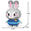 A gray and pink rabbit model kit built from micro building blocks, shown with dimensions.