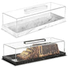 Clear acrylic rectangular cake stand with a lid displaying a sliced loaf of cake on a black marble base