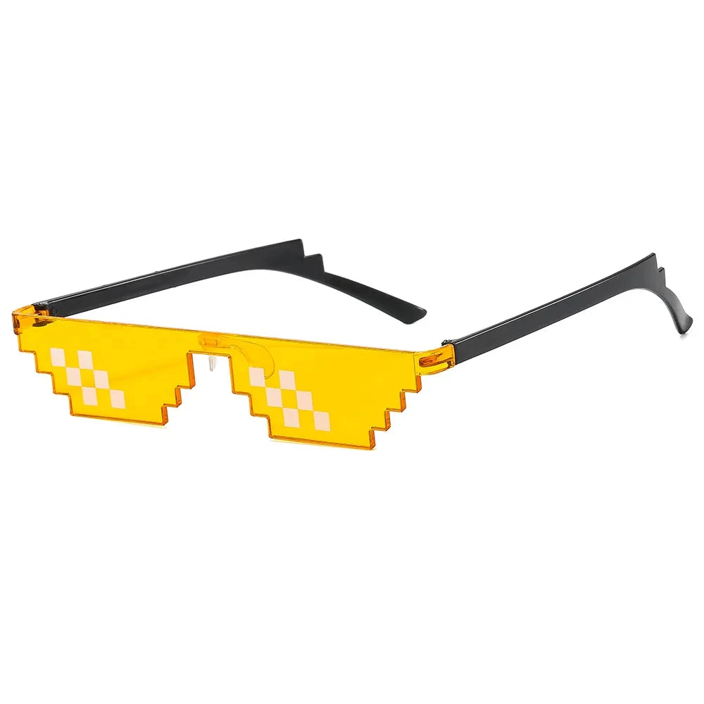Yellow pixel mosaic sunglasses with black frames and UV400 protection