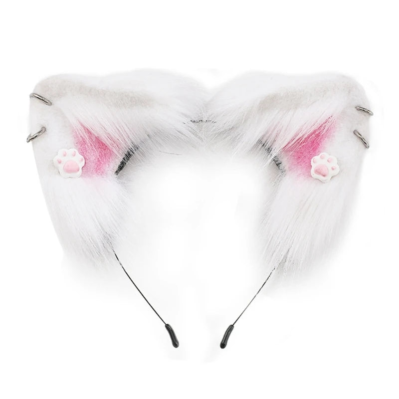 White faux fox ears headband with pink inner lining and silver hardware