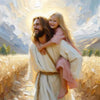 Oil painting of Jesus embracing a young girl against a bright, cloudy sky in a field.