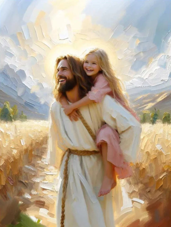 Oil painting of Jesus embracing a young girl against a bright, cloudy sky in a field.