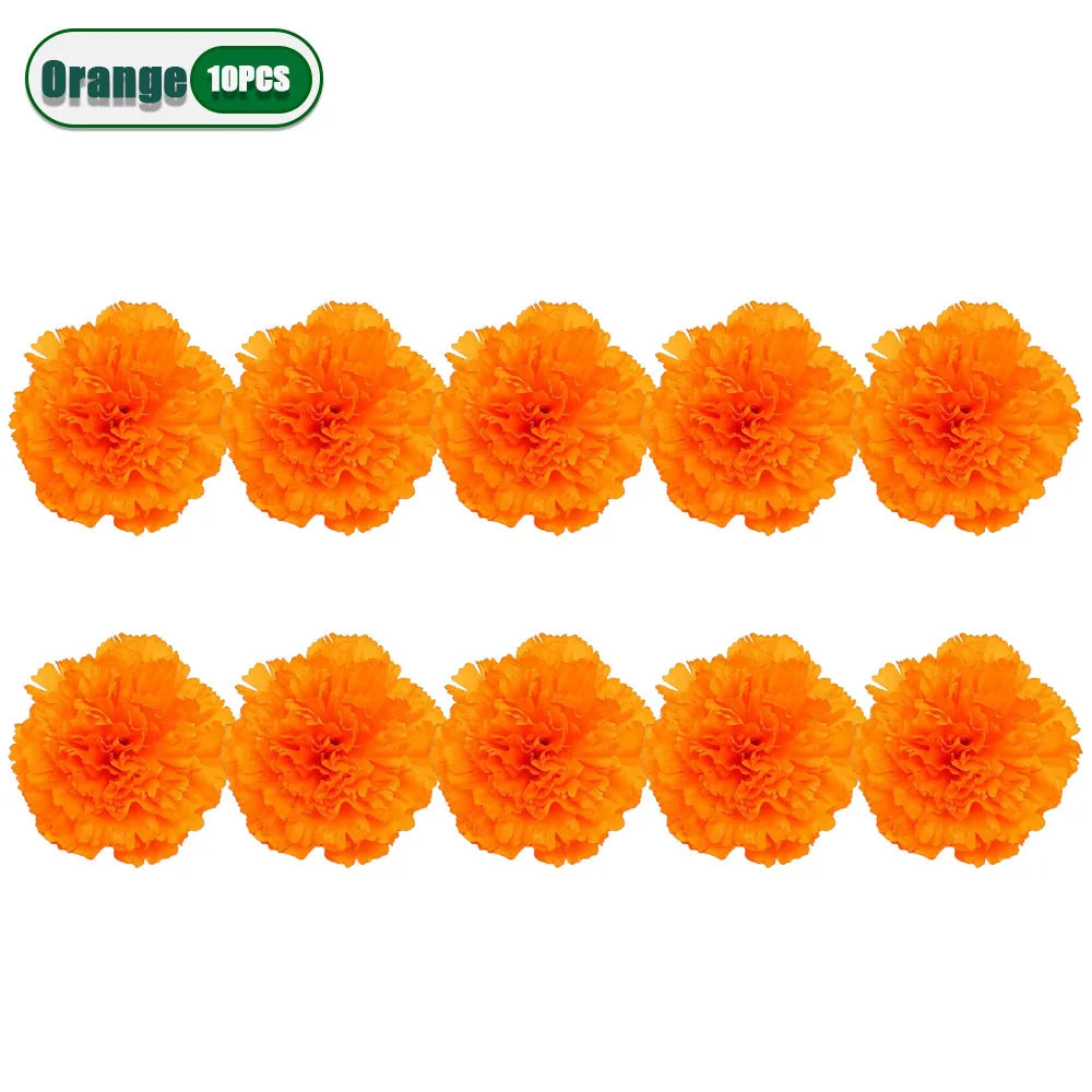 A row of ten bright orange artificial carnation and marigold flower heads for festive décor.