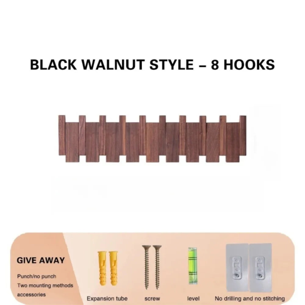 Black walnut style piano key wall coat rack featuring eight wooden hooks.