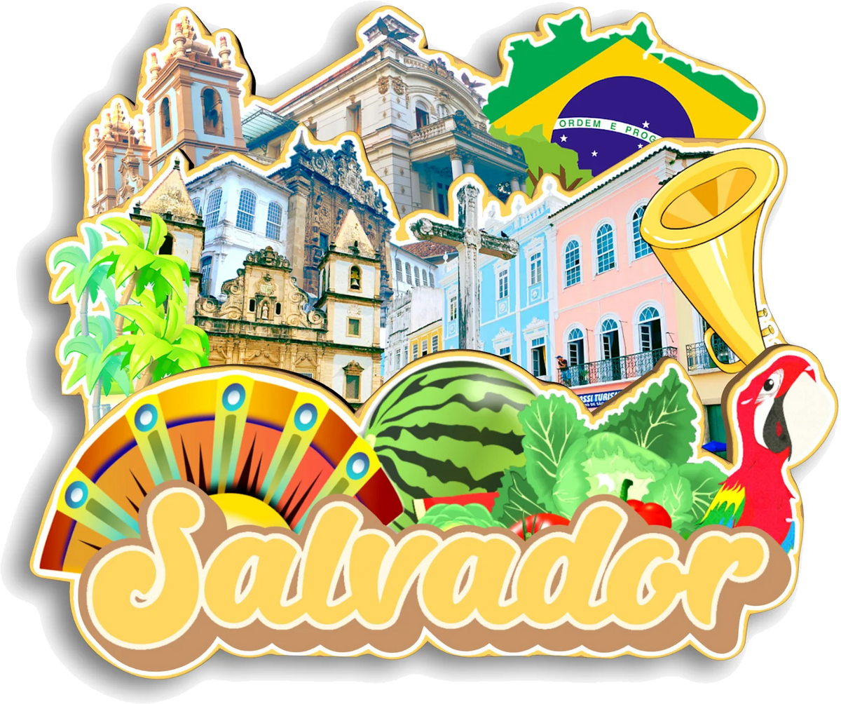 A collage of iconic Salvador, Brazil, featuring historical architecture and the Brazilian flag.