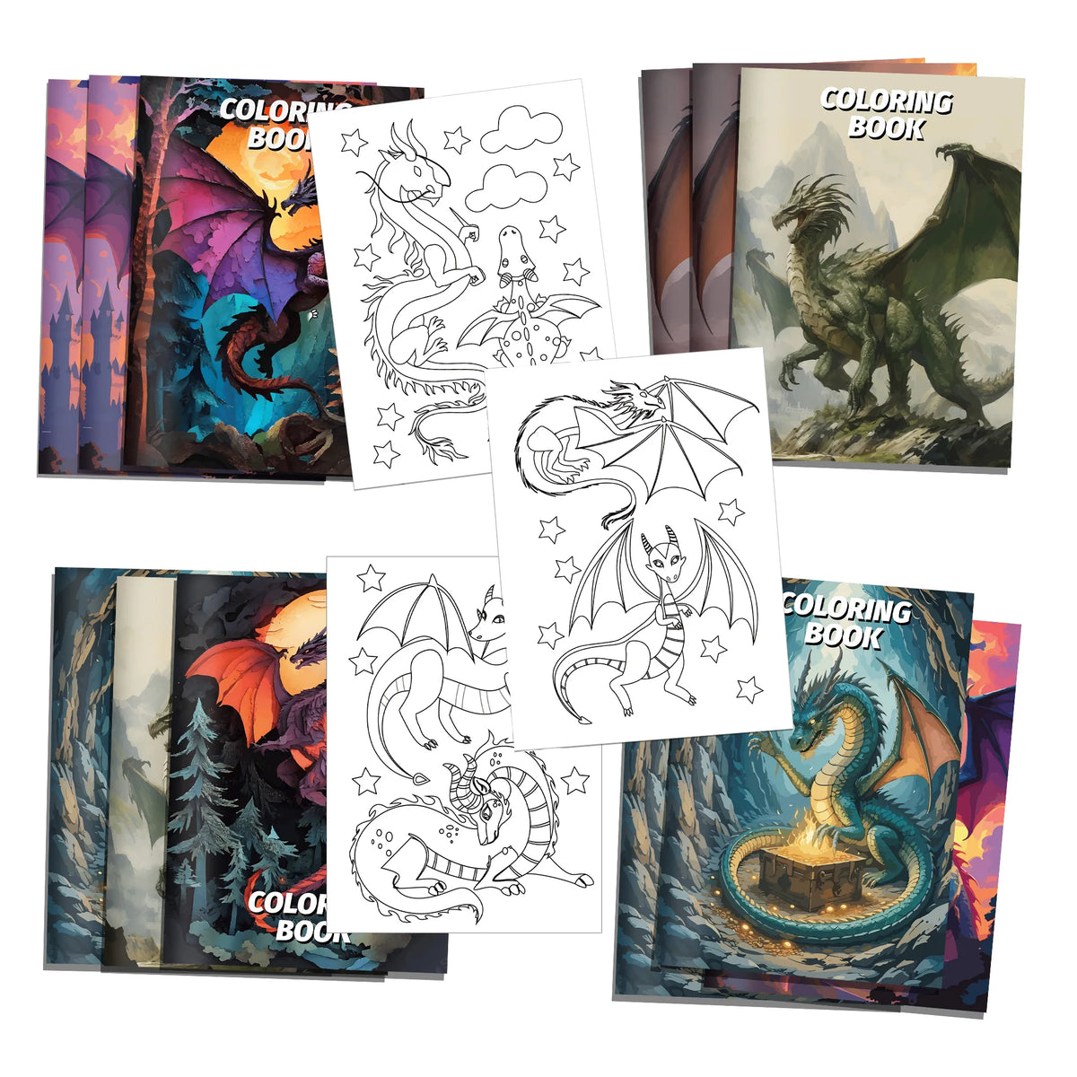 Un set de livres pour enfants sur le thème des dragons, avec des illustrations de dragons et de créatures mythiques.