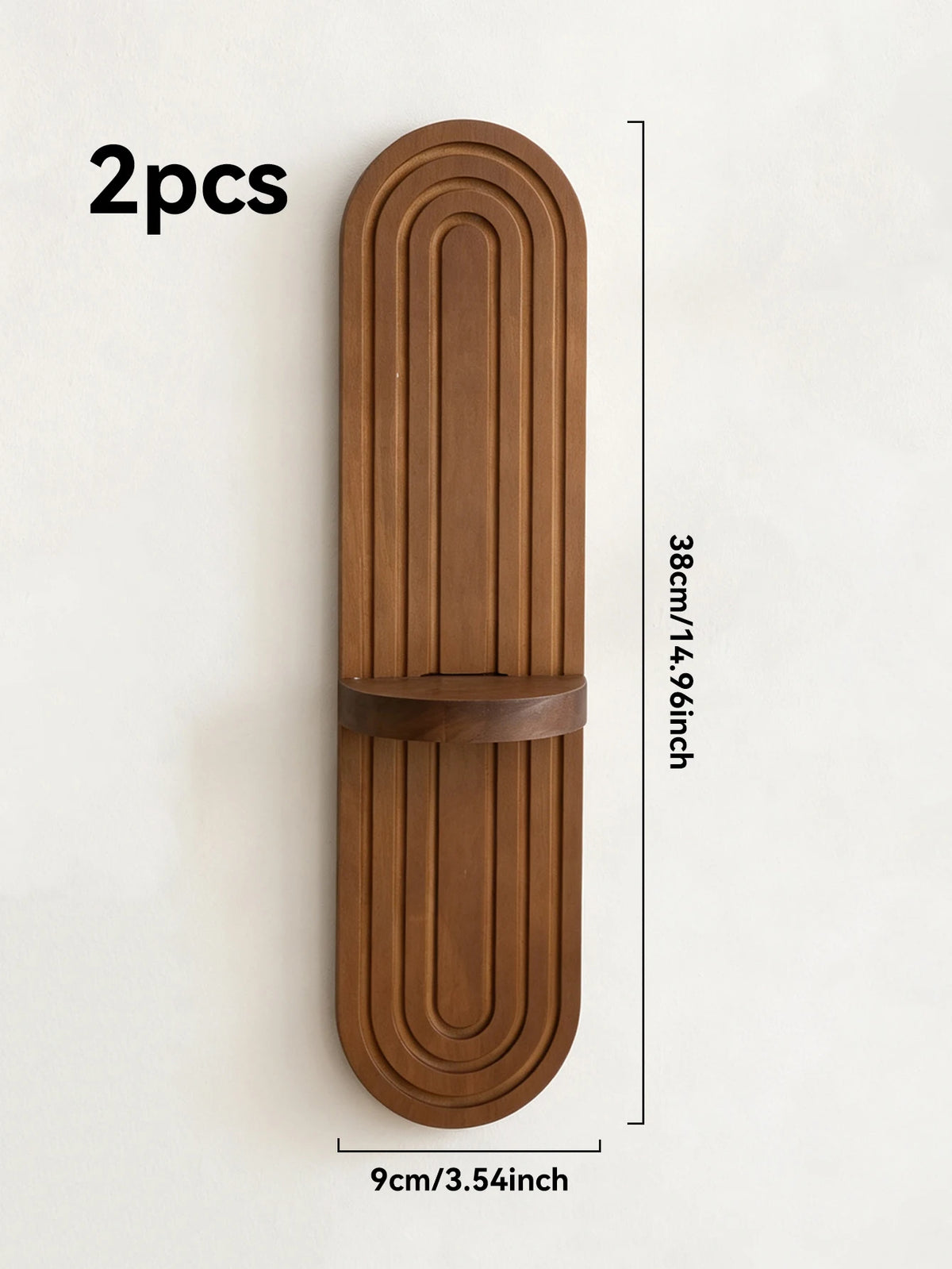 Two wooden wall shelves with a rustic arch design in a warm brown color.
