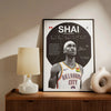 A framed canvas wall art poster featuring a portrait of a basketball player, Shai Gilgeous-Alexander, in black and white tone