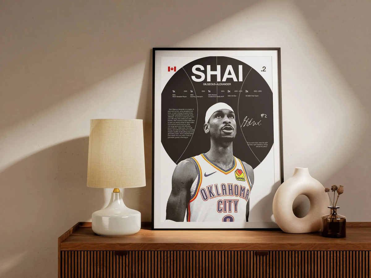 A framed canvas wall art poster featuring a portrait of a basketball player, Shai Gilgeous-Alexander, in black and white tone