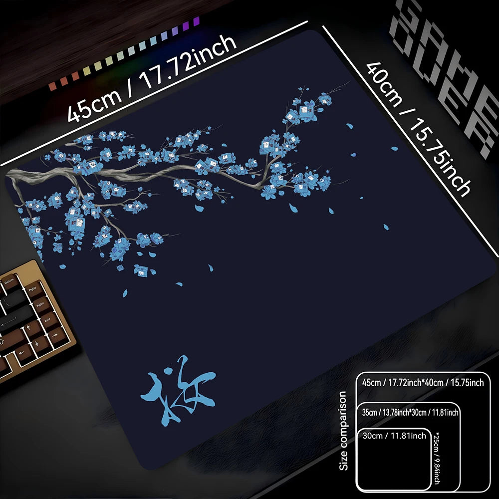 A dark blue gaming mouse pad featuring a delicate white cherry blossom branch design and various size options.