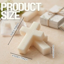 A white cross-shaped soap bar is shown with measurements, next to a gift box and thank-you cards.
