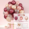A collection of metallic pink and gold balloons with glitter confetti accents for party decor.