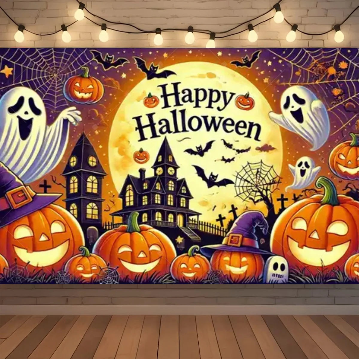 A vibrant Halloween neon backdrop featuring pumpkins, bats, and skulls for a photo booth background.