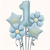A set of light blue foil balloons featuring the number one and a star shape with birthday text
