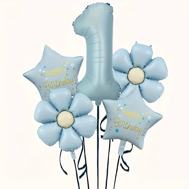 A set of light blue foil balloons featuring the number one and a star shape with birthday text