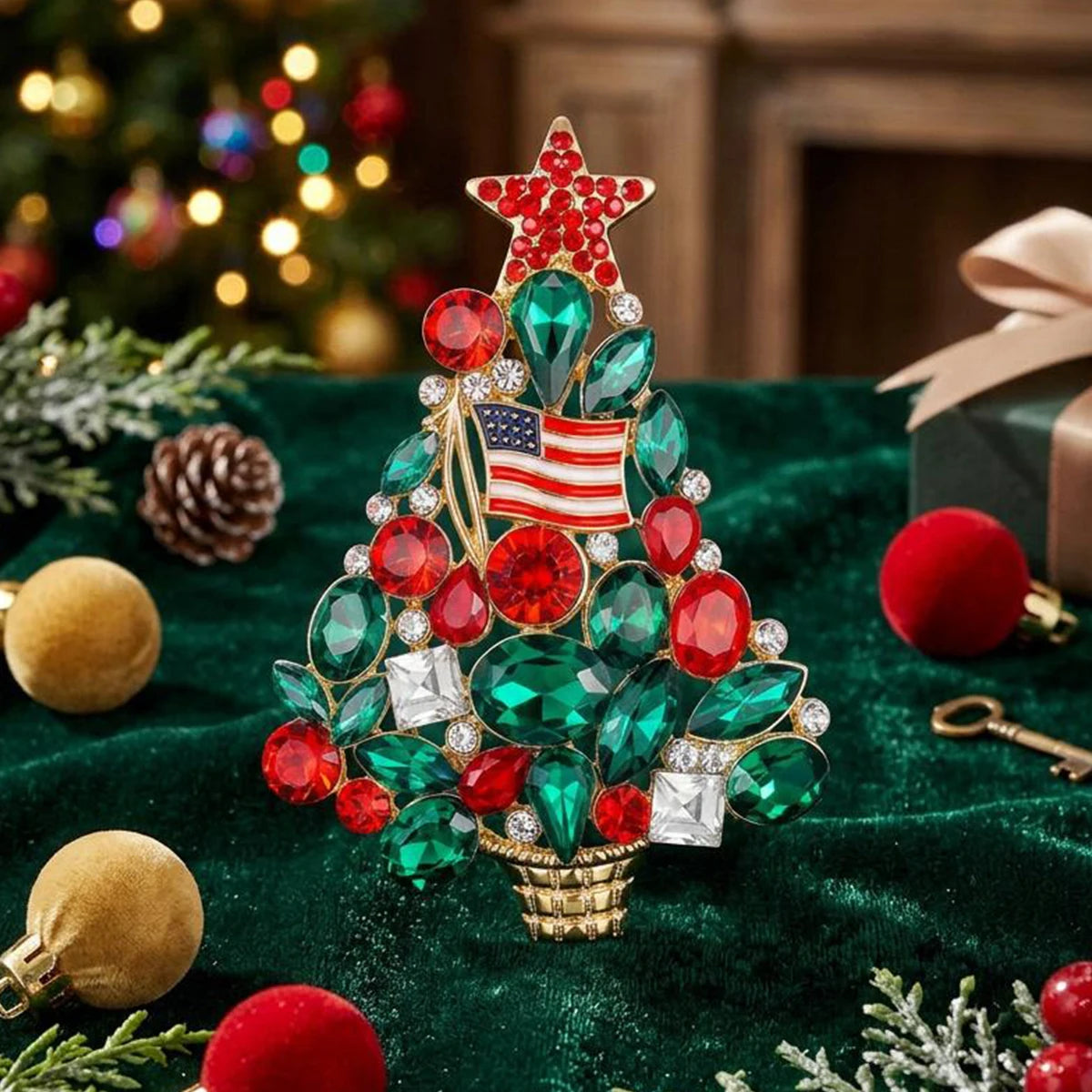 A sparkling green rhinestone Christmas tree brooch pin with a red star topper displayed on dark green velvet fabric.