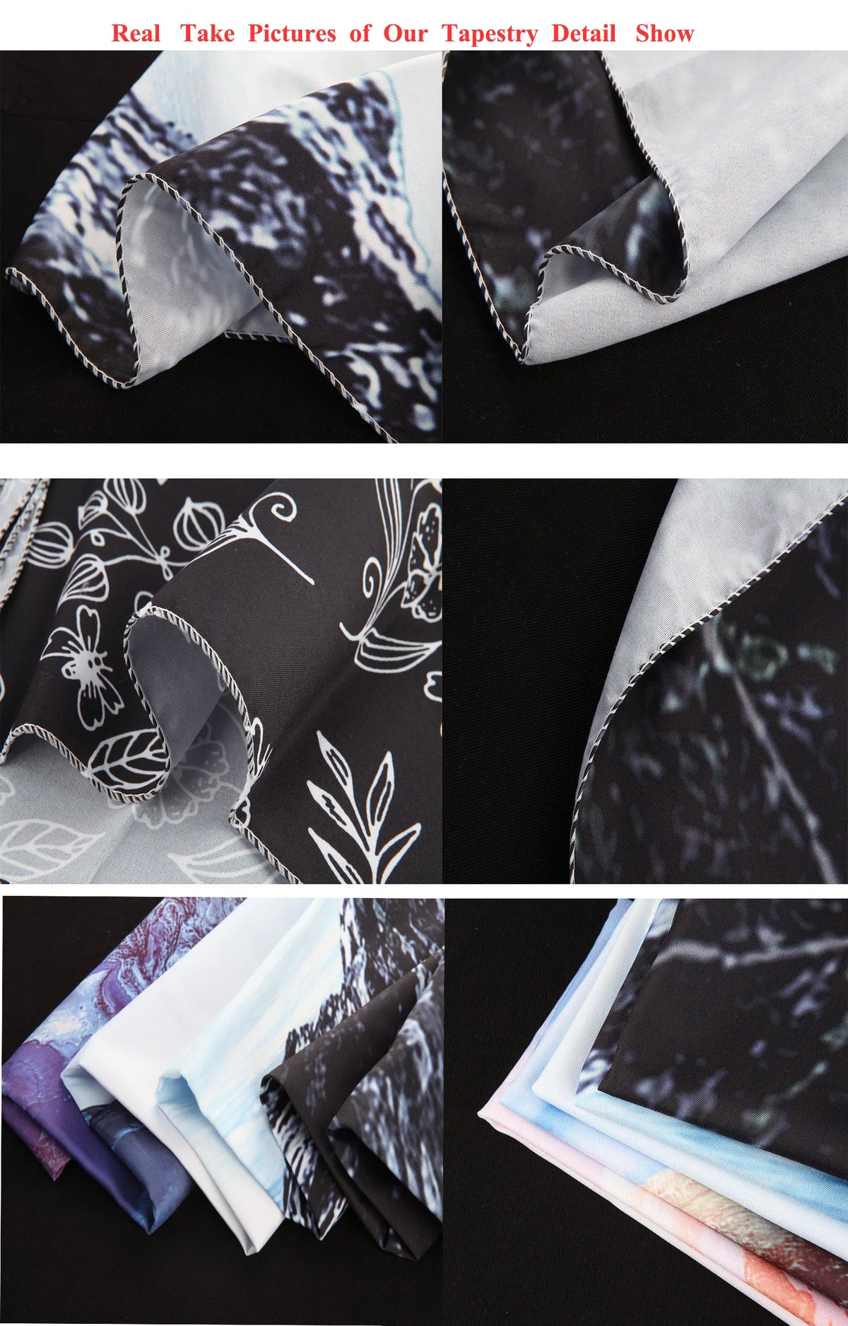Nahaufnahmen der Details und Textur eines schwarz-weißen Boho-Mandala-Wandteppichstoffs.