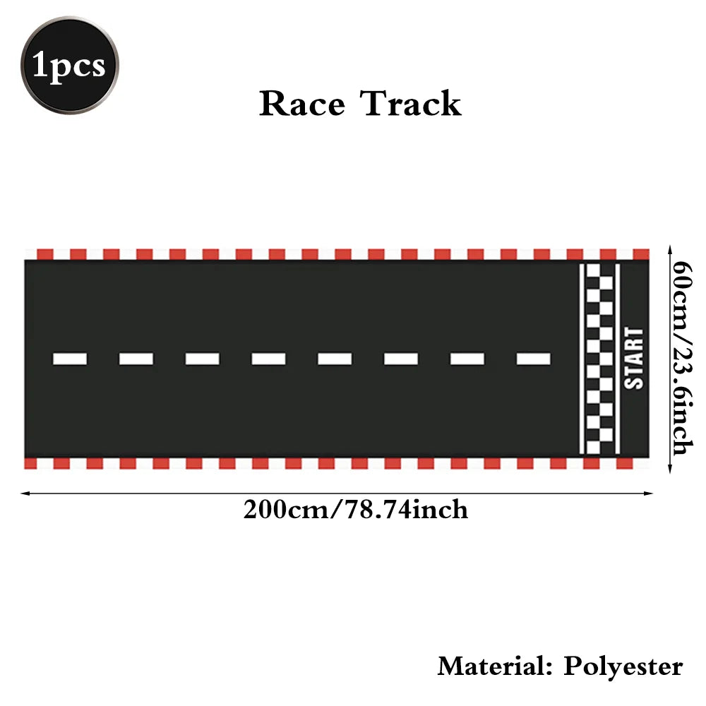 A black race track marked with a starting line and checkered finish line, made of polyester.