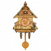 Vintage wooden cuckoo clock featuring a detailed wooden house structure and a maple leaf base.