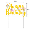 Yellow glitter birthday sign with fairy illustrations on a white stick.