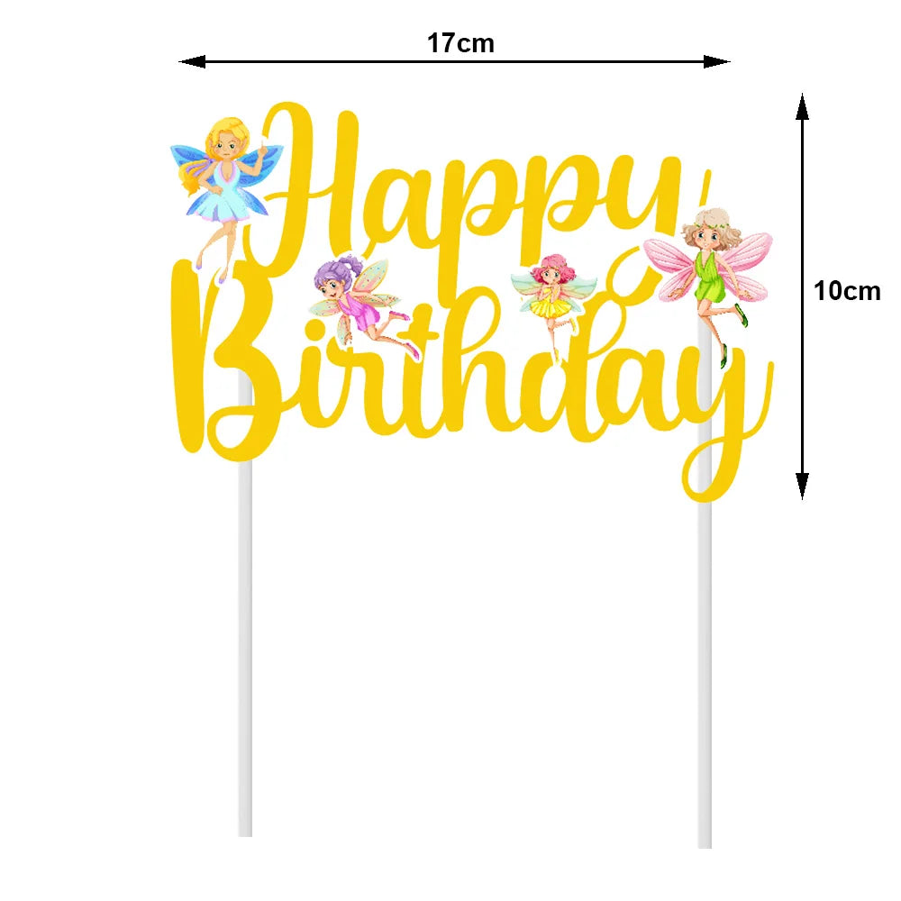 Yellow glitter birthday sign with fairy illustrations on a white stick.