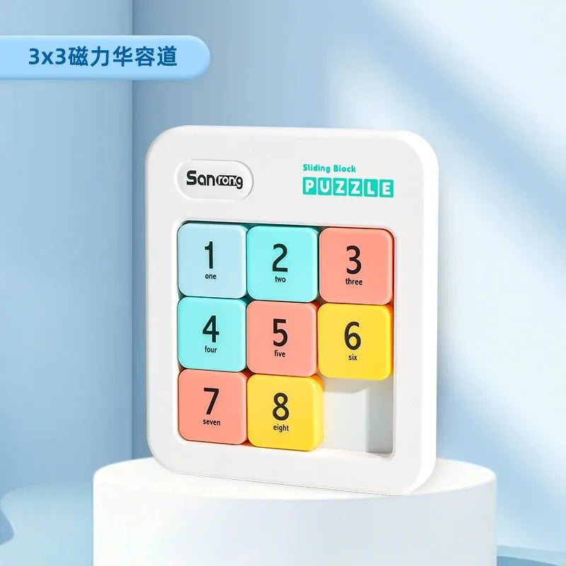 A white sliding block puzzle with numbered tiles from one to eight, used for educational math games.