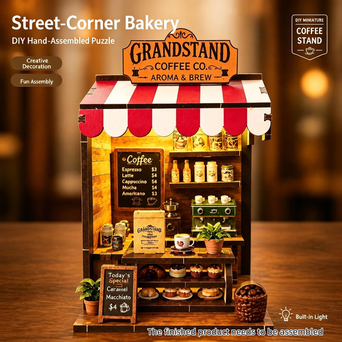 A DIY hand-assembled puzzle of a street-corner bakery shop facade with various coffee items displayed inside.