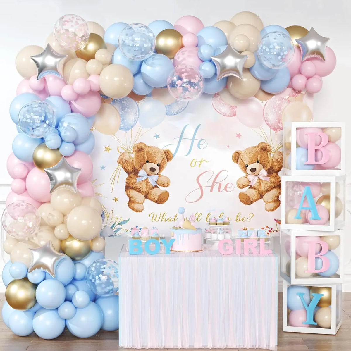 A balloon arch kit for a gender reveal featuring pink, blue, gold, and nude balloons with teddy bears and baby letters