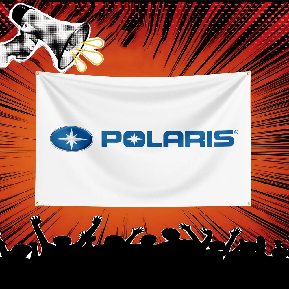 A white banner featuring the Polaris logo displayed against a background of orange light rays and a crowd silhouette.
