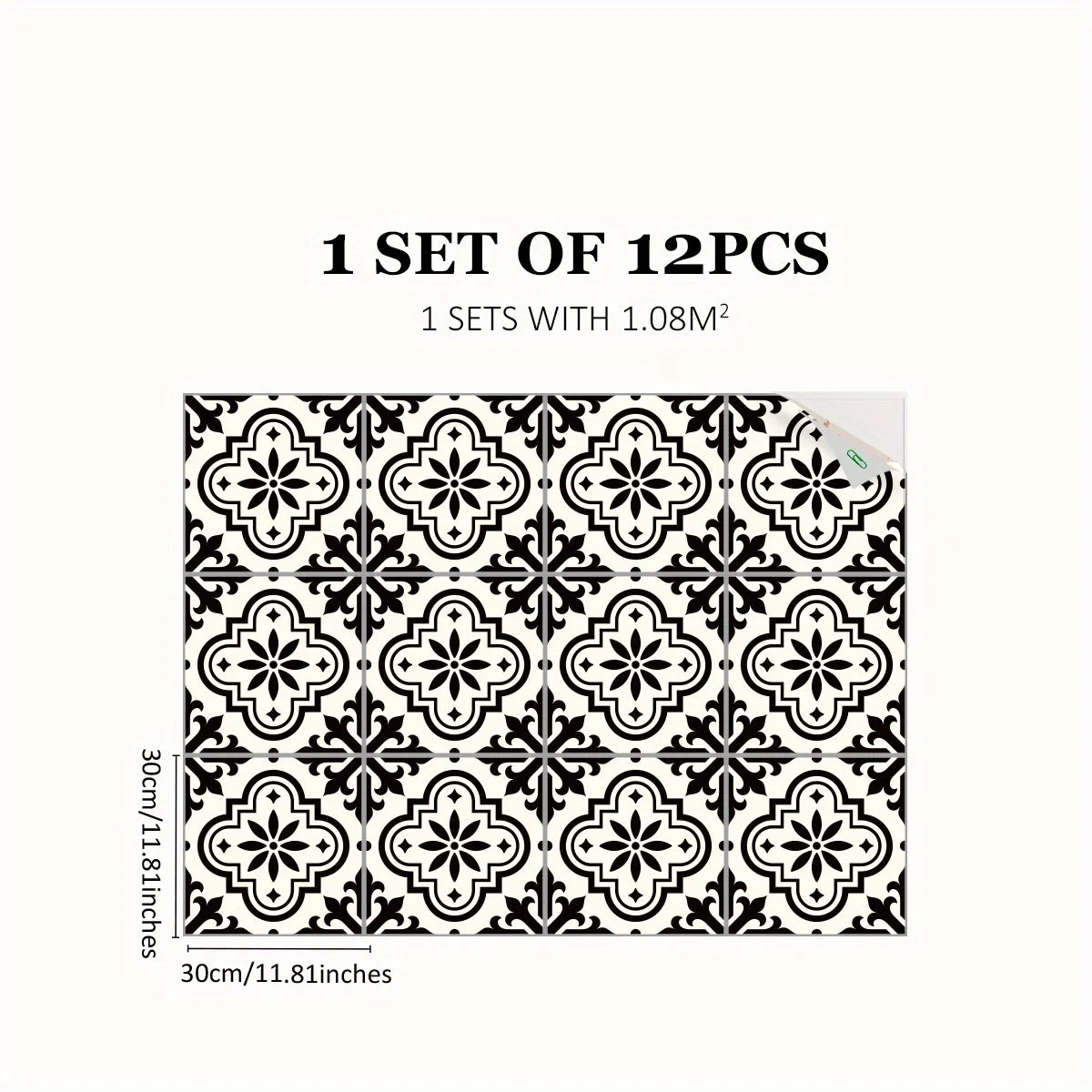 A set of 12 Moroccan pattern floor stickers featuring a black and white geometric design.