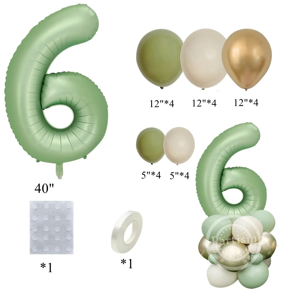 A set of vintage number balloons shaped like the number 6 in light green and gold colors.