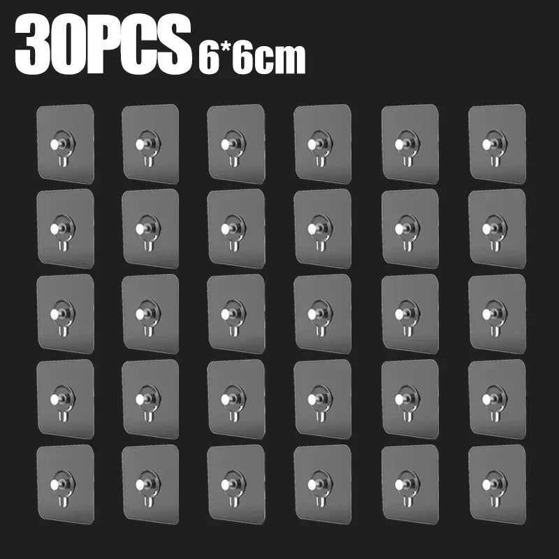 30 pieces of transparent self-adhesive wall hooks measuring 6x6 cm