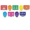 A collection of nine decorative felt flags featuring various skull and floral patterns in red, orange, green, yellow, pink, a