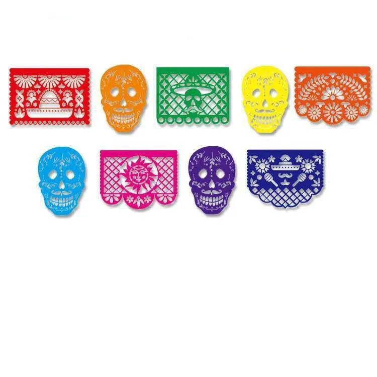 A collection of nine decorative felt flags featuring various skull and floral patterns in red, orange, green, yellow, pink, a