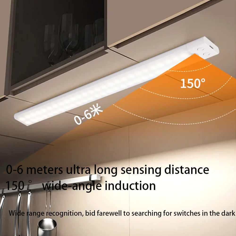 Under-cabinet LED light bar with 150 degree wide angle and 0-6 meter sensing distance for dark environments