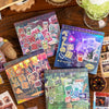 A collection of retro cartoon PET die cut stickers in various colors and designs packaged for scrapbooking.