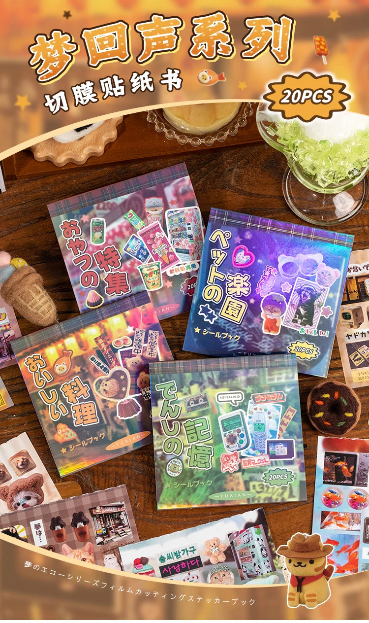 A collection of retro cartoon PET die cut stickers in various colors and designs packaged for scrapbooking.
