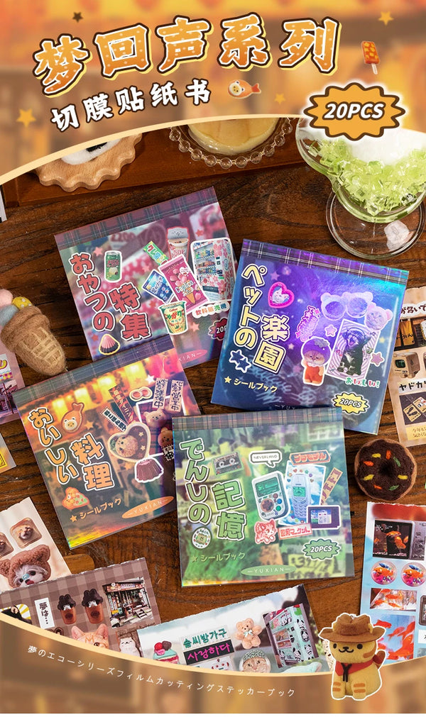 A collection of retro cartoon PET die cut stickers in various colors and designs packaged for scrapbooking.