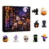 A box featuring nine Halloween-themed resin figurines and a spooky scene, including a black silhouette of a bat.