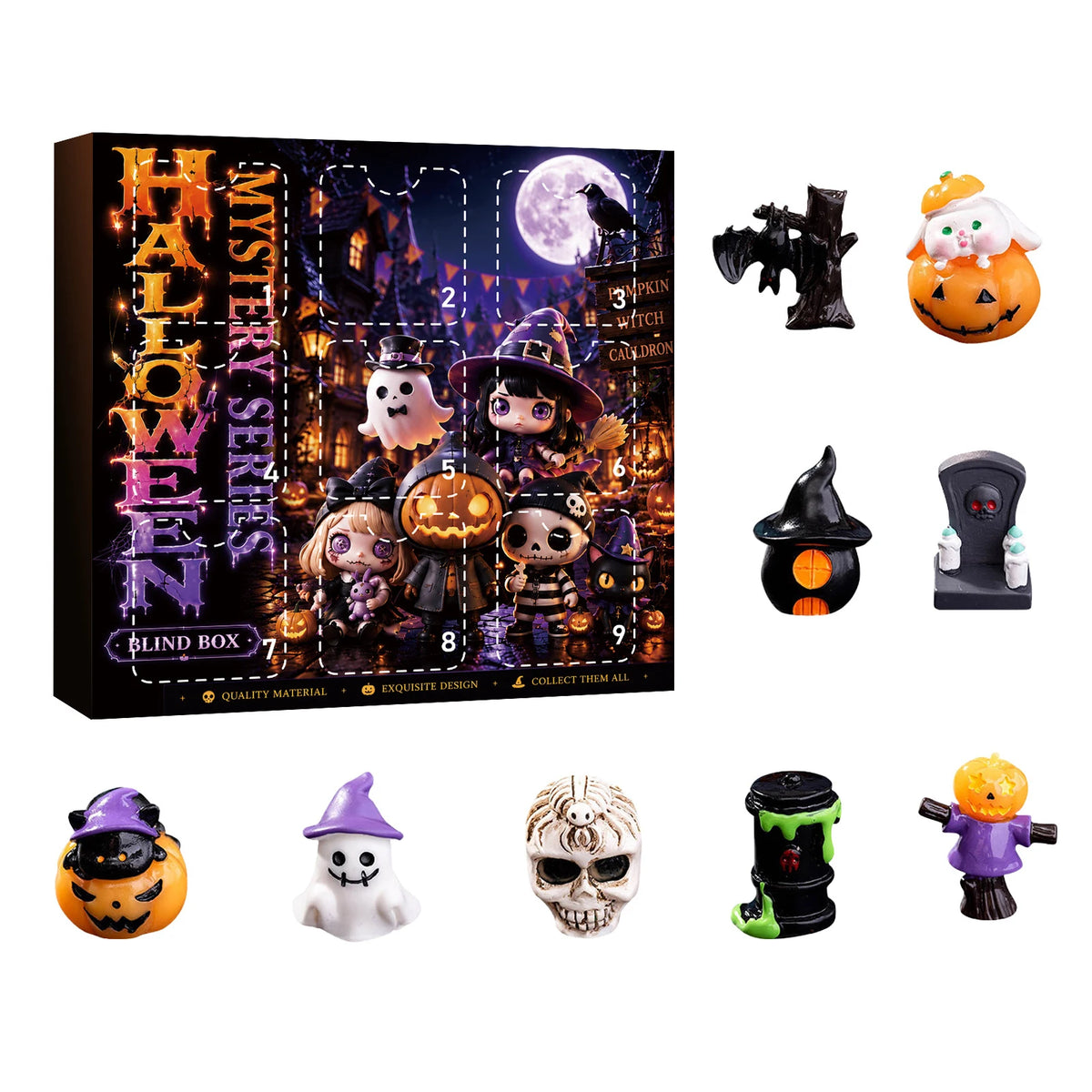 A box featuring nine Halloween-themed resin figurines and a spooky scene, including a black silhouette of a bat.