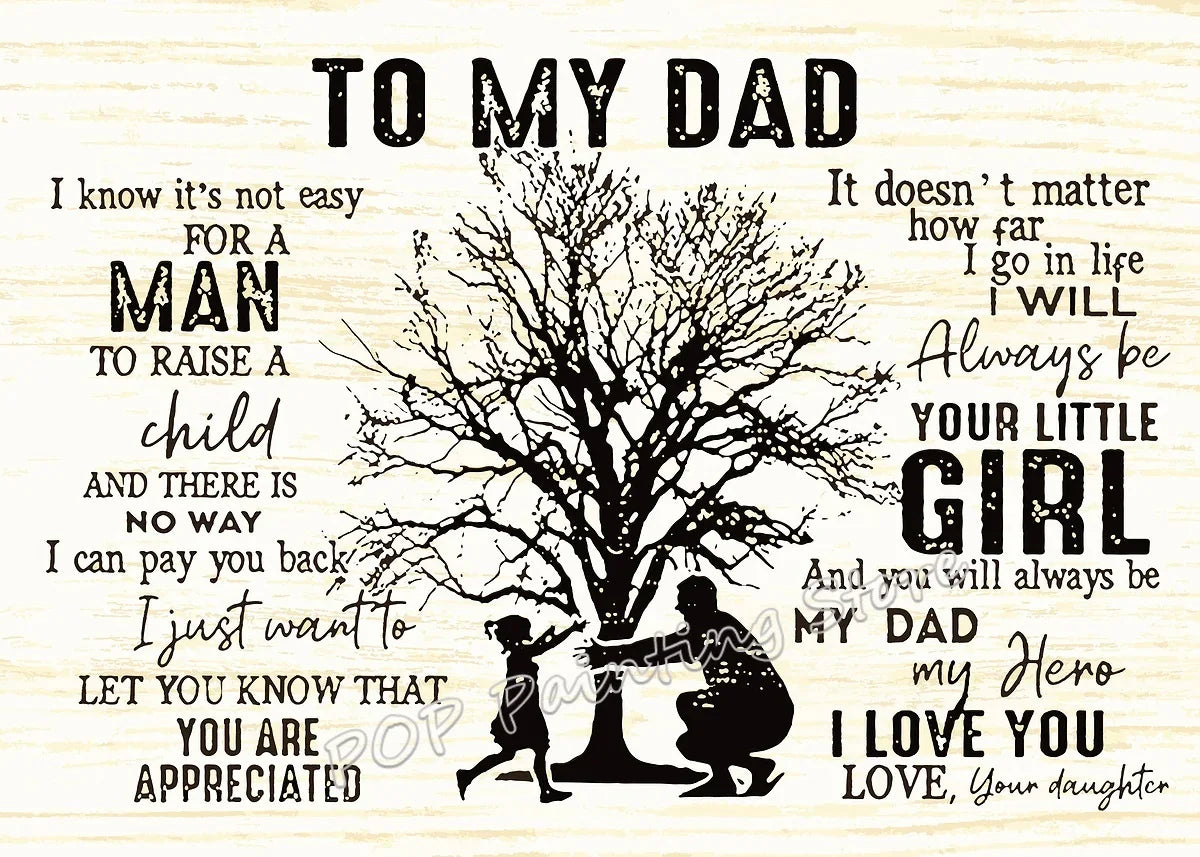 A black silhouette of a tree stands next to text expressing appreciation and love to a dad.