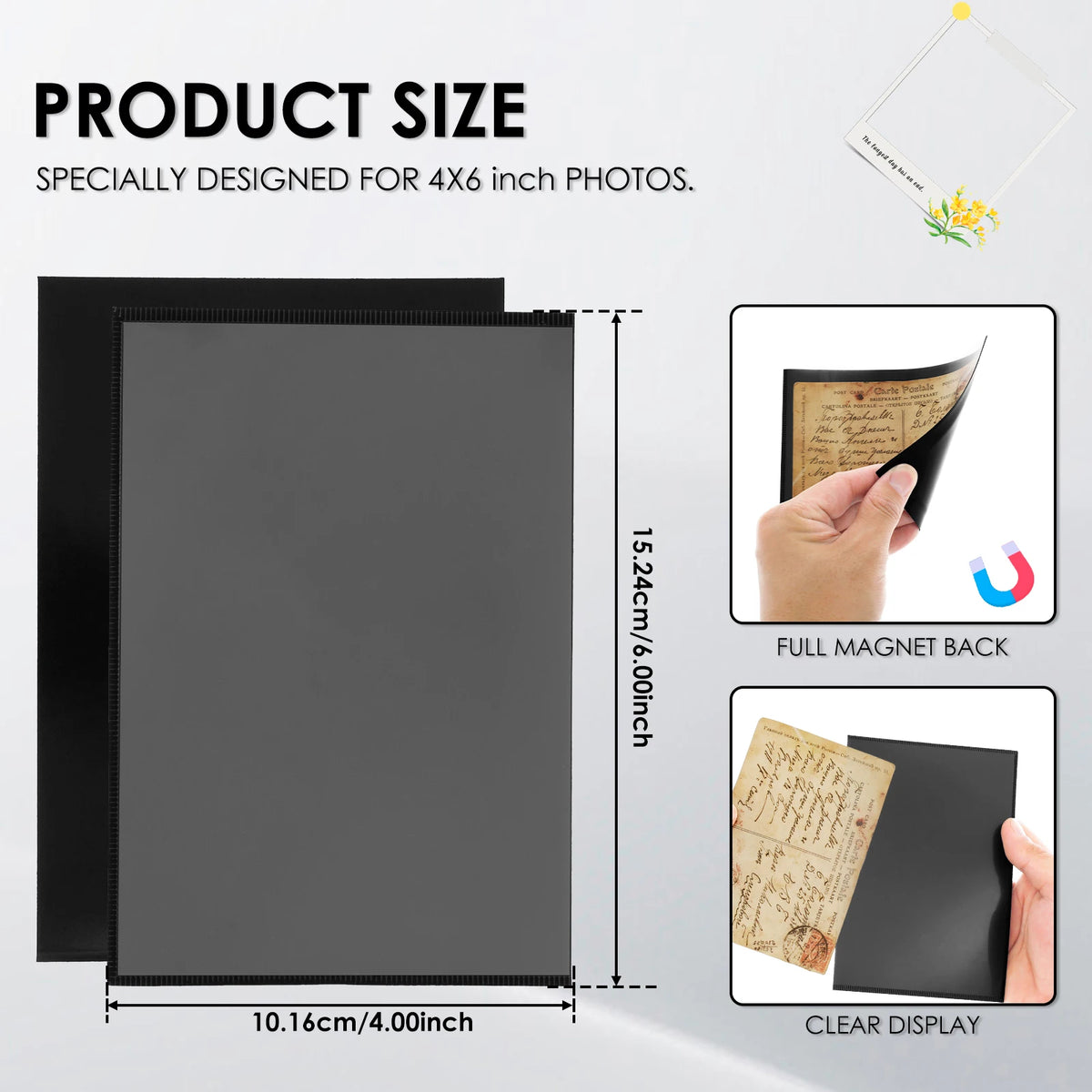 A black magnetic picture frame designed for 4x6 inch photos, showing a clear display and full magnet back.