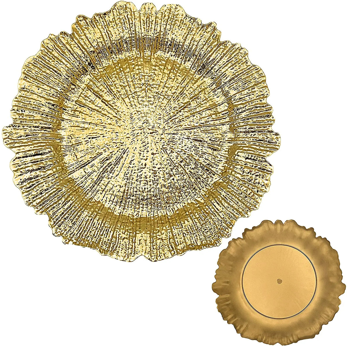 A stack of elegant gold charger plates with textured rims and a smooth center.