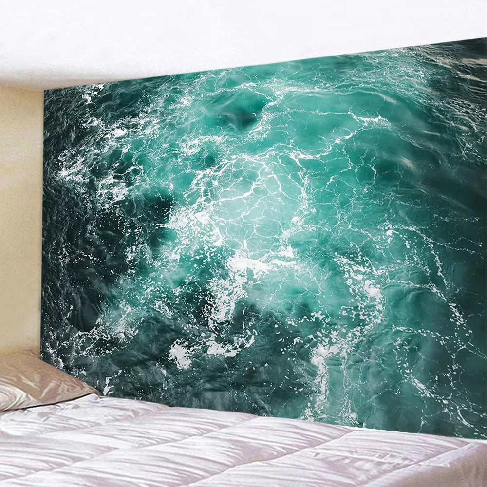 Gran tapiz de lienzo con textura de una turbulenta ola de océano verde azulado y blanca.