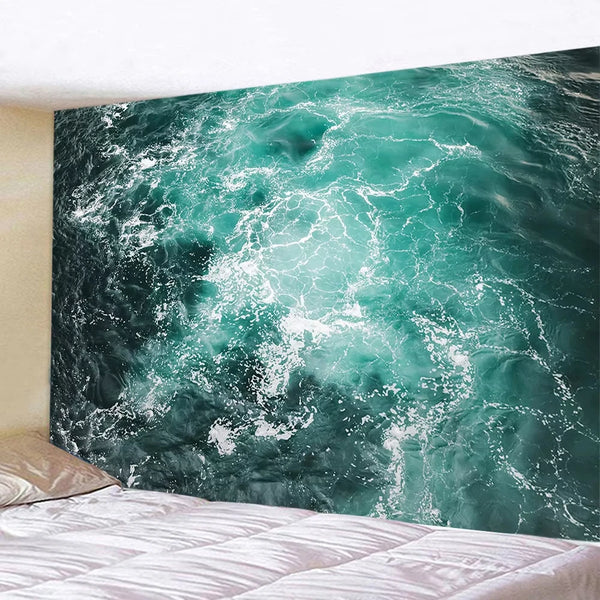 Gran tapiz de lienzo con textura de una turbulenta ola de océano verde azulado y blanca.